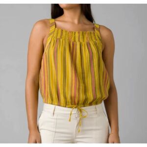 Prana Womens Little Palm Cami Tank Top Striped Yellow Printed Large